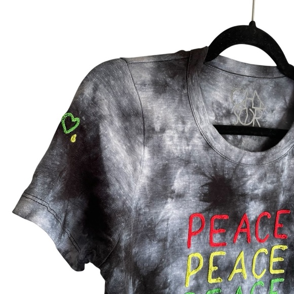 Chaser Tie-Dye Peace Tee Black and Gray Embroidered Tee NWT - Picture 3 of 9